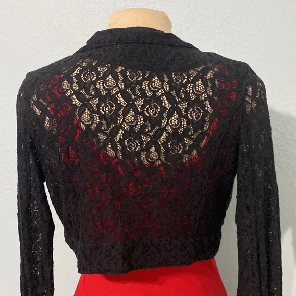 Vintage Black sheer Lace crop Biker style jacket size M - Picture 5 of 12